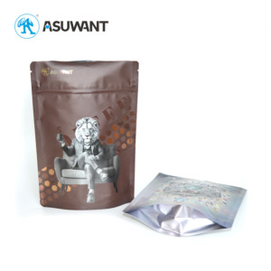 Custom Stand Up Plastic Coffee Bag with Digital Print Spot Gloss UV 3D Raised Embossed UV Reverse Matte Digital Metallic Foil - Image 1